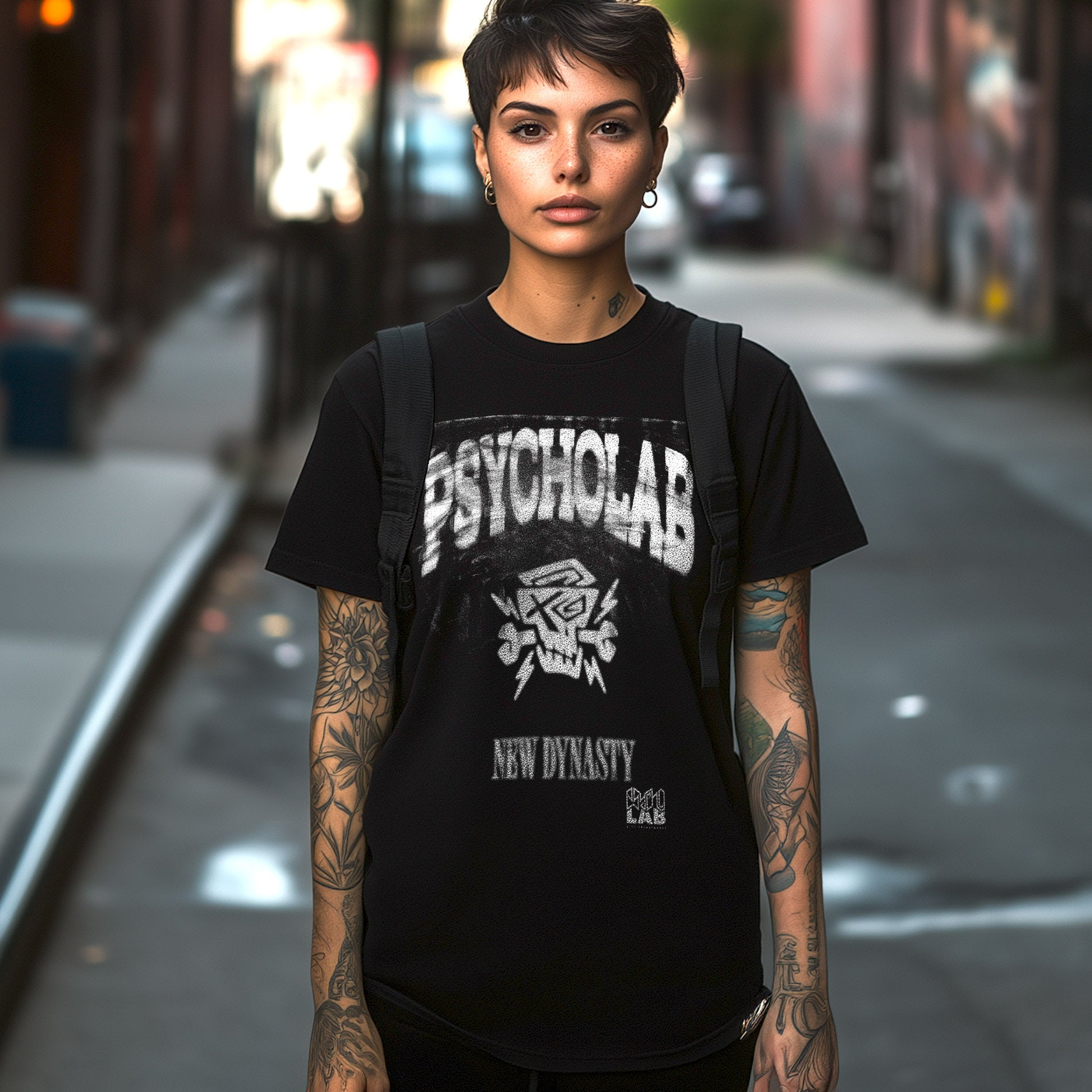 Frau trägt das Women Shirt Scratch von PsychoLab in Schwarz, umgeben von einer urbanen Kulisse, was die kreative Atmosphäre des Designs unterstreicht. Psycholab.