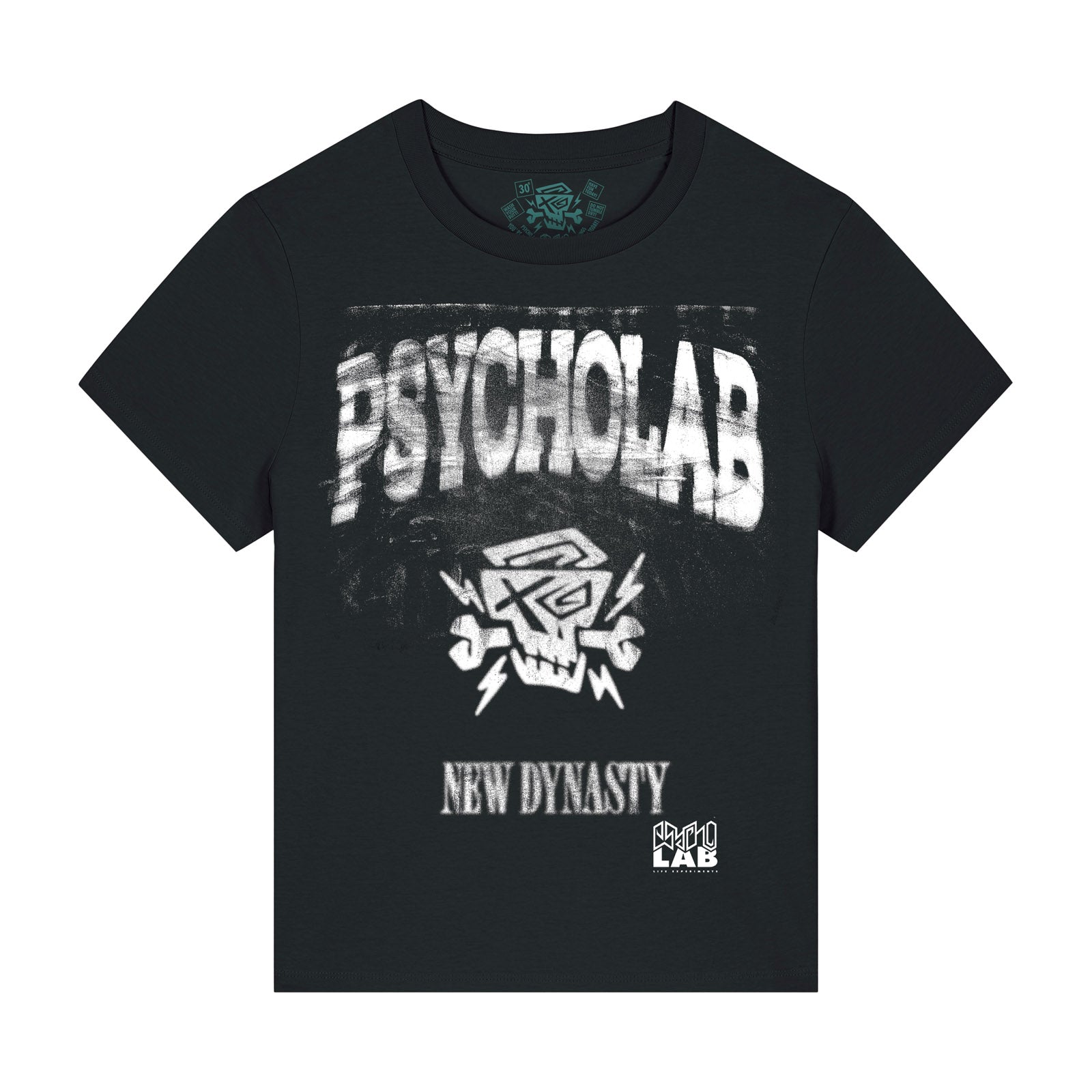 Das Women Shirt Scratch in Schwarz mit dem auffälligen PsychoLab-Logo und dem Schriftzug 'NEW DYNASTY' – ideal für einen stylischen und urbanen Look. Psycholab.
