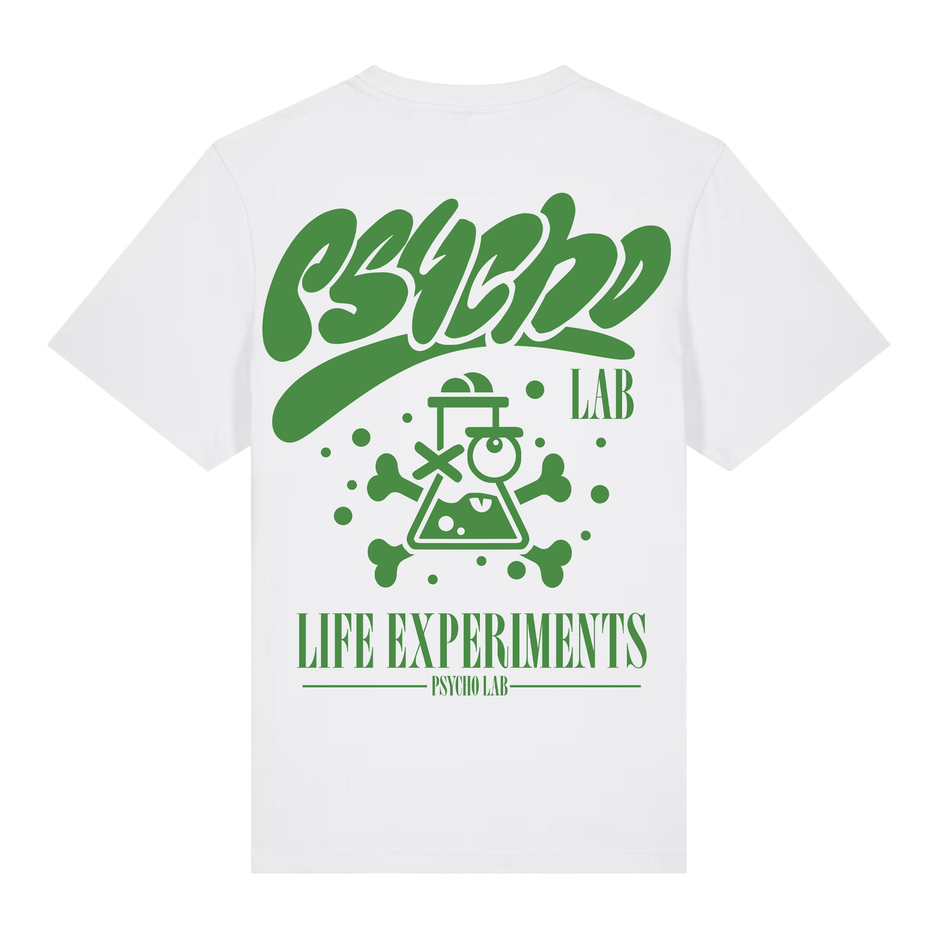 Rückansicht des T-Shirts Freak White von PsychoLab mit auffälligem grünen Druck, betont das kreative Design und die individuelle Note.