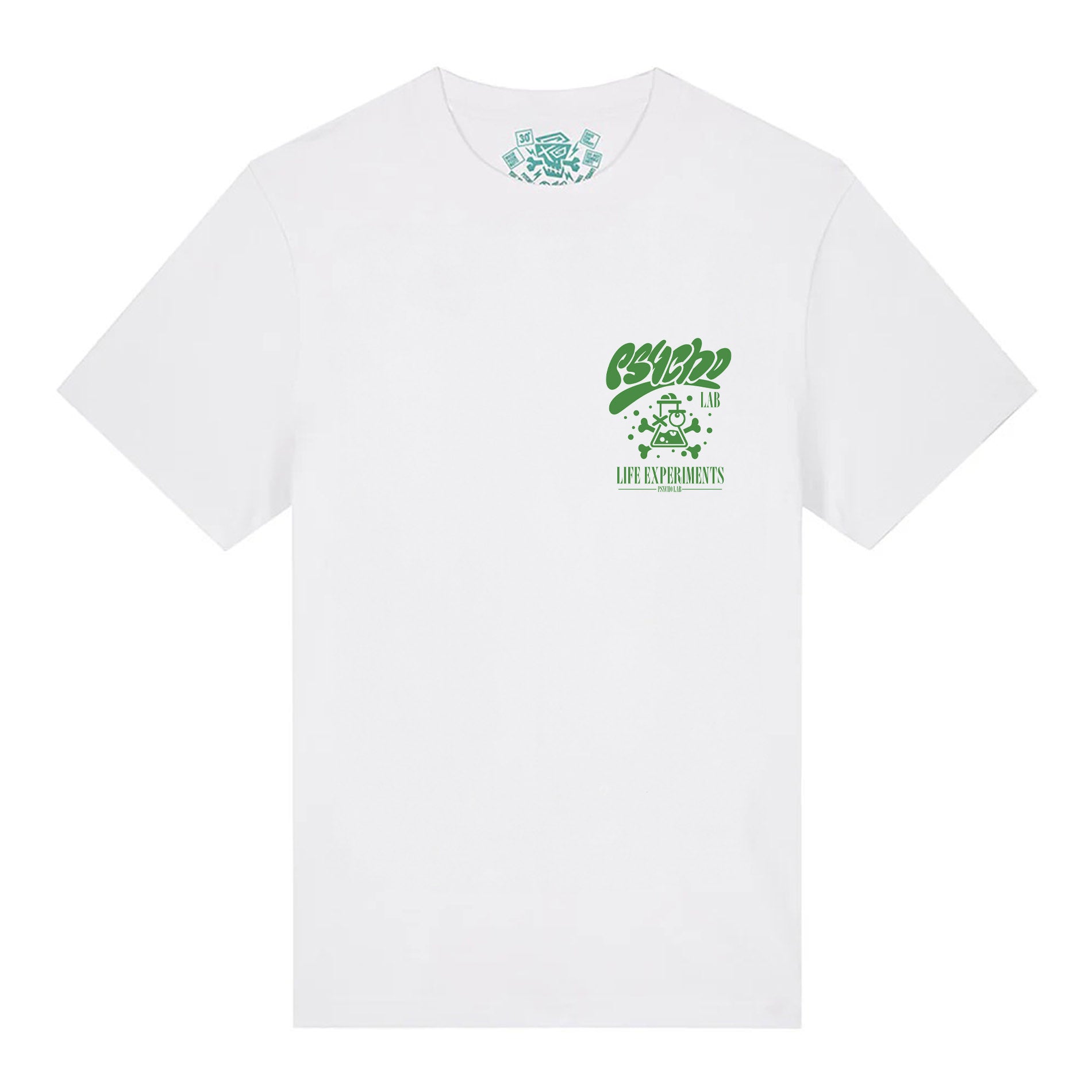 Vorderansicht des T-Shirts Freak White von PsychoLab mit eindruckvollem grünen Logo, ideal für Streetwear-Enthusiasten.