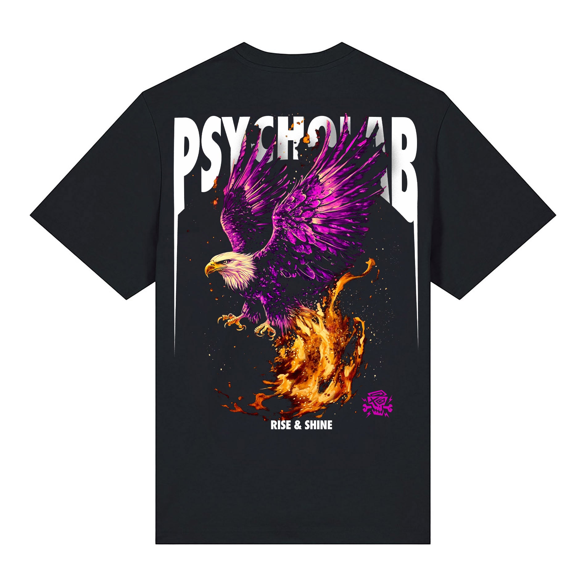 Das T-Shirt Phoenix Black von PsychoLab mit einem beeindruckenden Phoenix-Design auf der Rückseite, das Symbolik von Wiedergeburt und Stärke verkörpert.