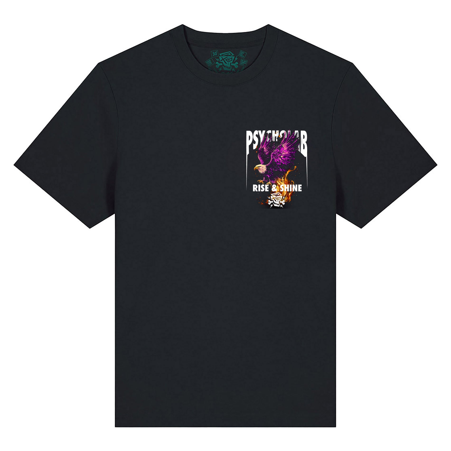 Das vordere Design des T-Shirts Phoenix Black von PsychoLab zeigt ein kleines Phoenix-Motiv, das modischen Urban-Stil ausstrahlt.