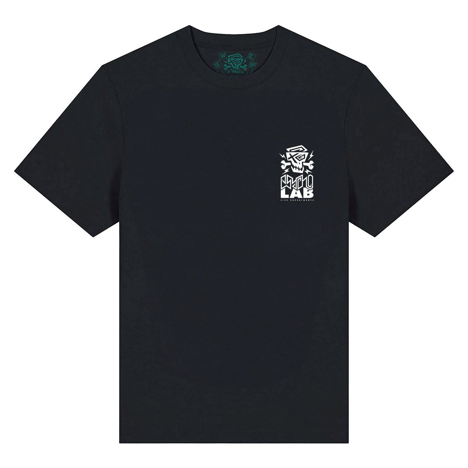 Grafik des T-Shirts Back Logo Black von PsychoLab, zeigt die Vorderseite mit kleinem Logo, ideal für nachhaltige Mode.