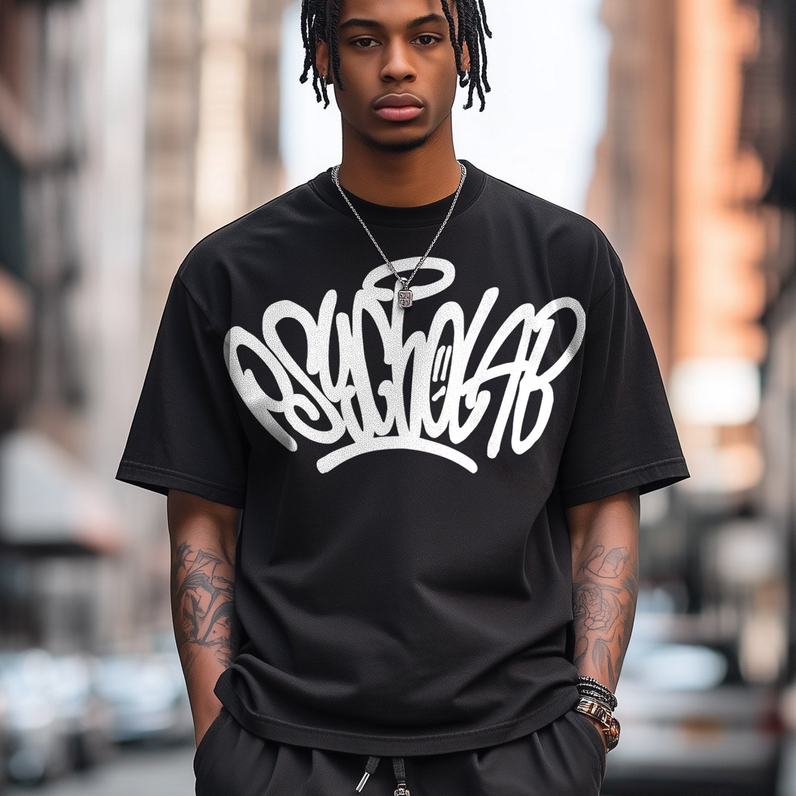 Ein junger Mann präsentiert das Tag T-Shirt Black von PsychoLab in einer urbanen Umgebung. Das Shirt zeigt ein graffitihaltiges Design, das den urbanen Streetwear-Stil verkörpert und ein Statement für Kreativität setzt. Das Bild vermittelt die Energie und Individualität, für die PsychoLab bekannt ist.