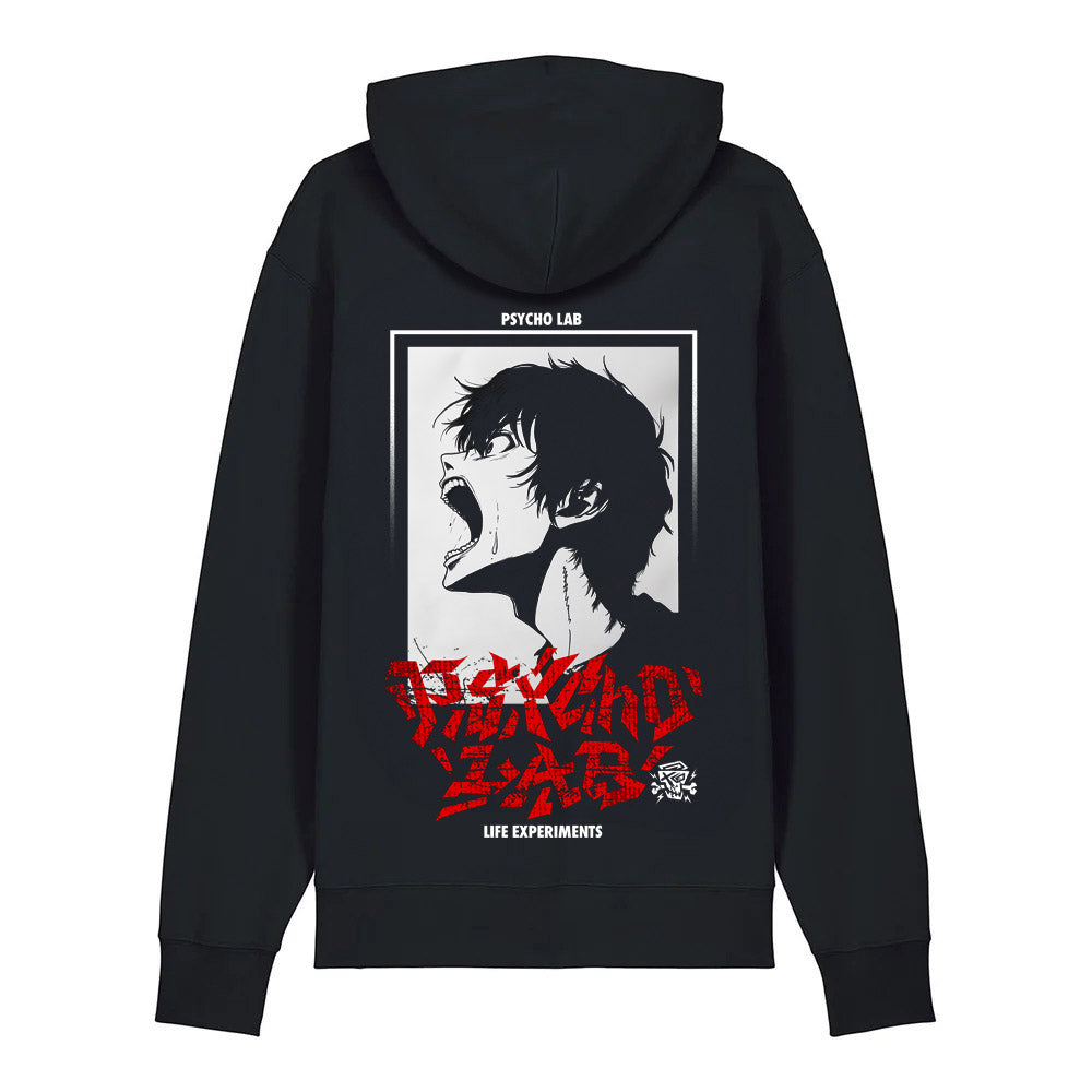 Hinteransicht des Hoodie Scream von PsychoLab mit auffälligem Schrei-Motiv, perfekt für Streetwear-Fans. Psycholab