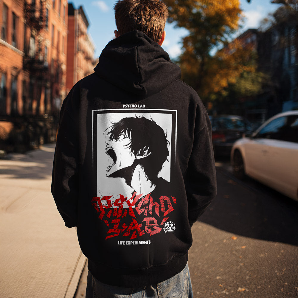 Rückansicht des Hoodie Scream von PsychoLab mit einem starken Schrei-Motiv auf dem Rücken, ideal für einen urbanen Look. Psycholab