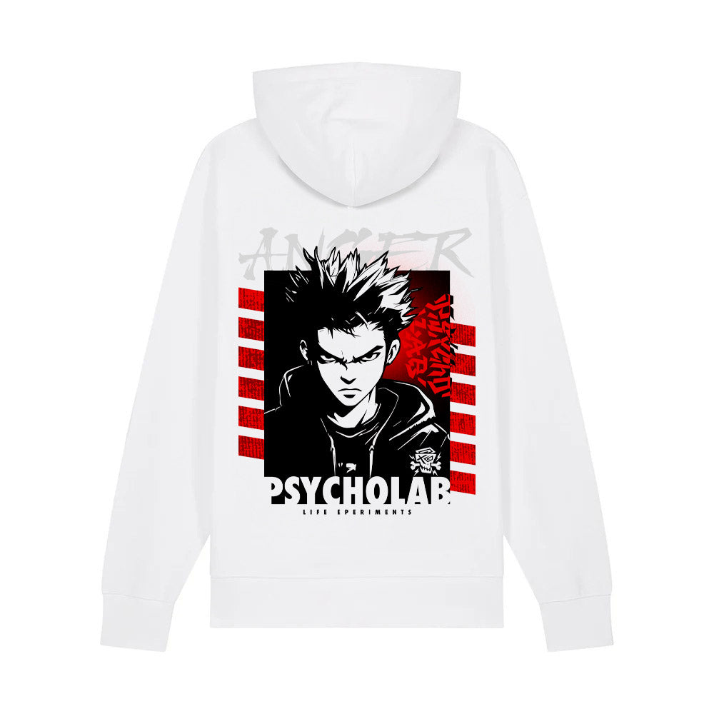 Hoodie Anger von PsychoLab in Weiß, Rückansicht mit auffälliger Druckgrafik, ideal für alle, die Stil und emotionale Ausdruckskraft vereinen möchten.