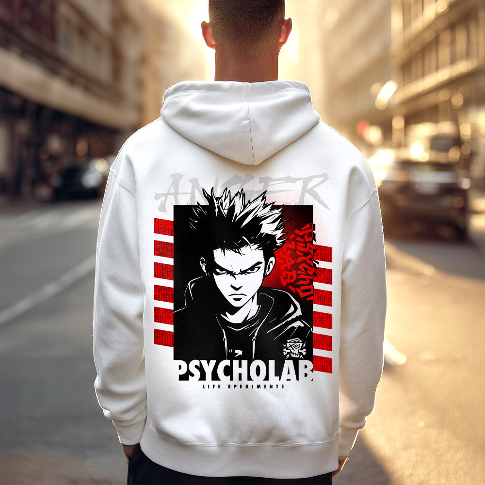 Hoodie Anger von PsychoLab in Weiß, zeigt edgy Grafikdesign mit dynamischem Charakter und rotem Hintergrund, perfekt für Streetwear-Liebhaber.