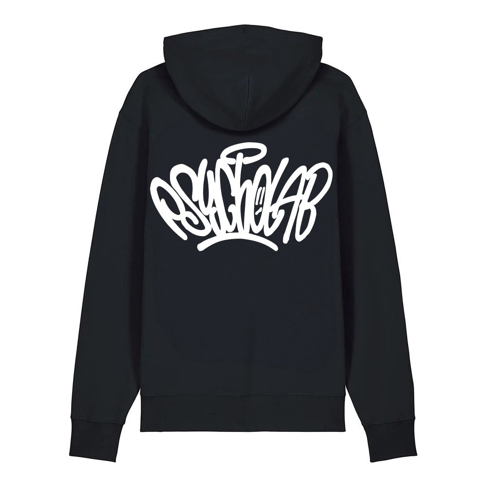 Ansicht des Hoodie Tag Black von PsychoLab mit großem weißen Logo auf der Rückseite, ideal für kreative Streetwear-Stile.
