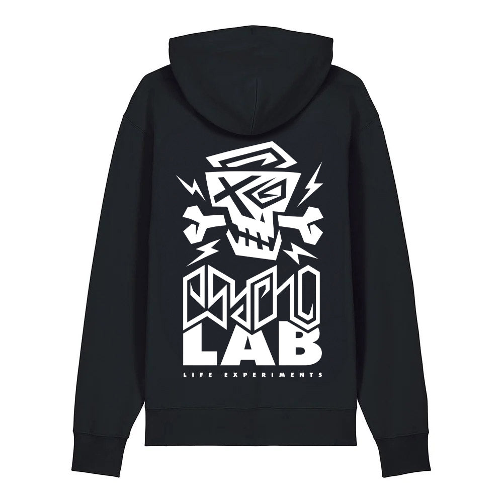 Hoodie Back Logo Black von PsychoLab mit großem weißen Logo auf schwarzem Hintergrund, perfekt für modebewusste Menschen, die Minimalismus und Ausdrucksstärke schätzen. psycholab