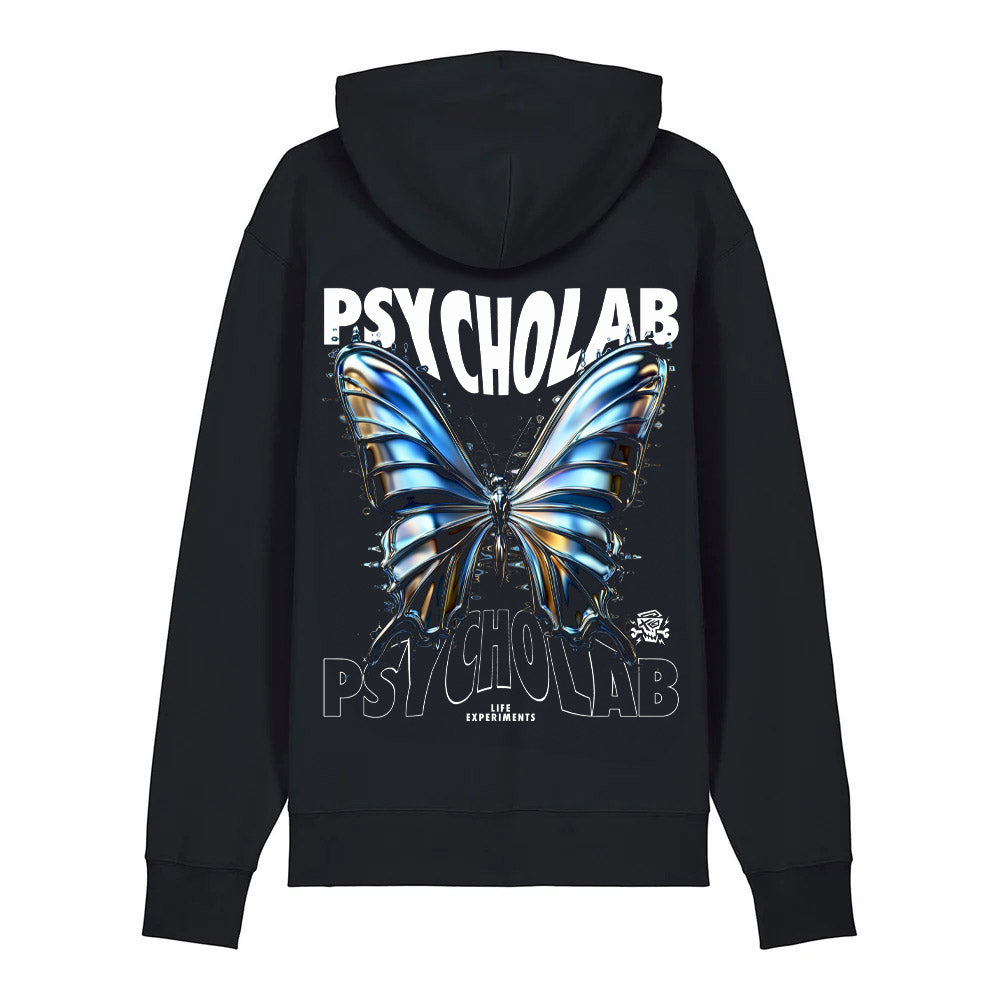 Hinteransicht des Hoodie Mariposa Black von PsychoLab mit detailliertem Schmetterlingsdruck auf schwarzem Stoff, ideal für Individualität im Streetstyle.