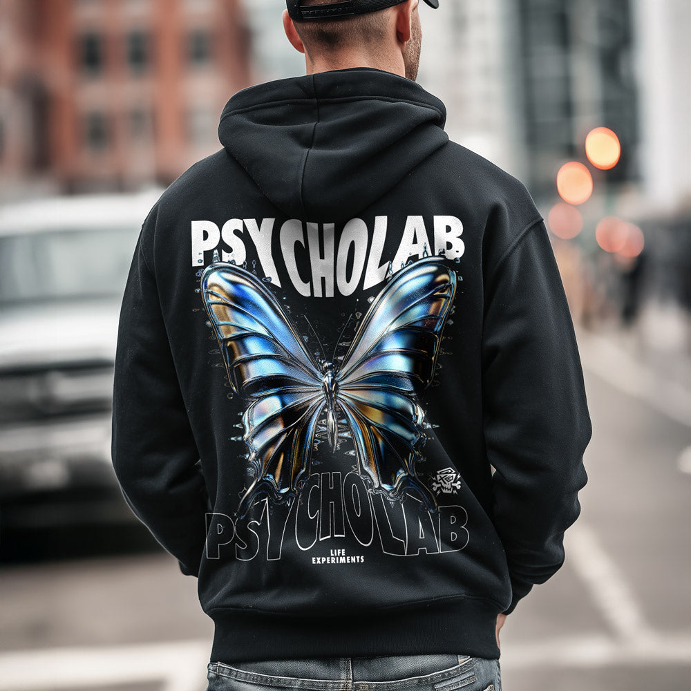 Hoodie Mariposa Black von PsychoLab mit buntem Schmetterling-Motiv und urbanem Design, perfekt für Streetwear-Liebhaber.