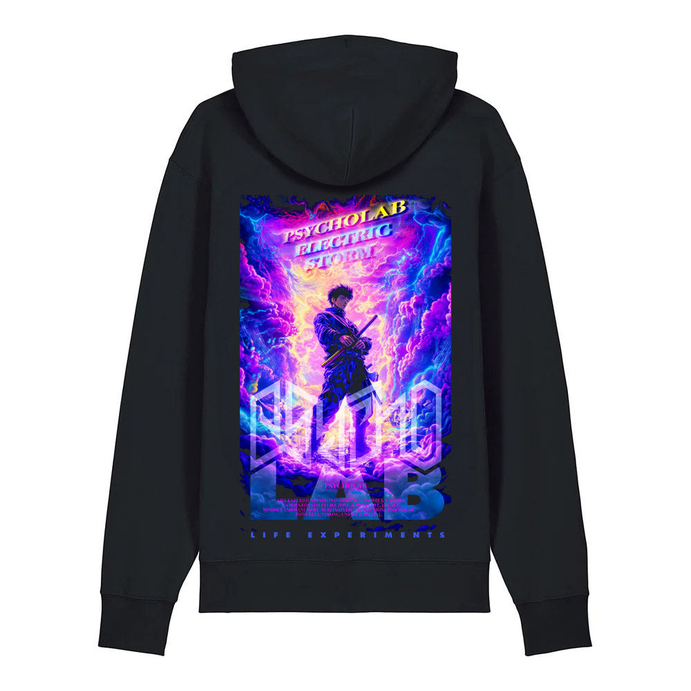 Hoodie Electric Storm Black von PsychoLab, zeigt die dynamische Rückansicht mit einem beeindruckenden elektrischen Motiv. psycholab