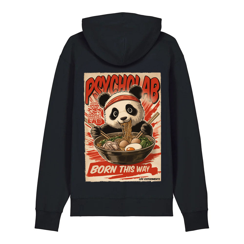 Hoodie Panda Black von PsychoLab, eine Ansicht des Hoodies mit einem niedlichen Panda-Motiv und der Aufschrift 'BORN THIS WAY', perfekt für einen entspannten Look.