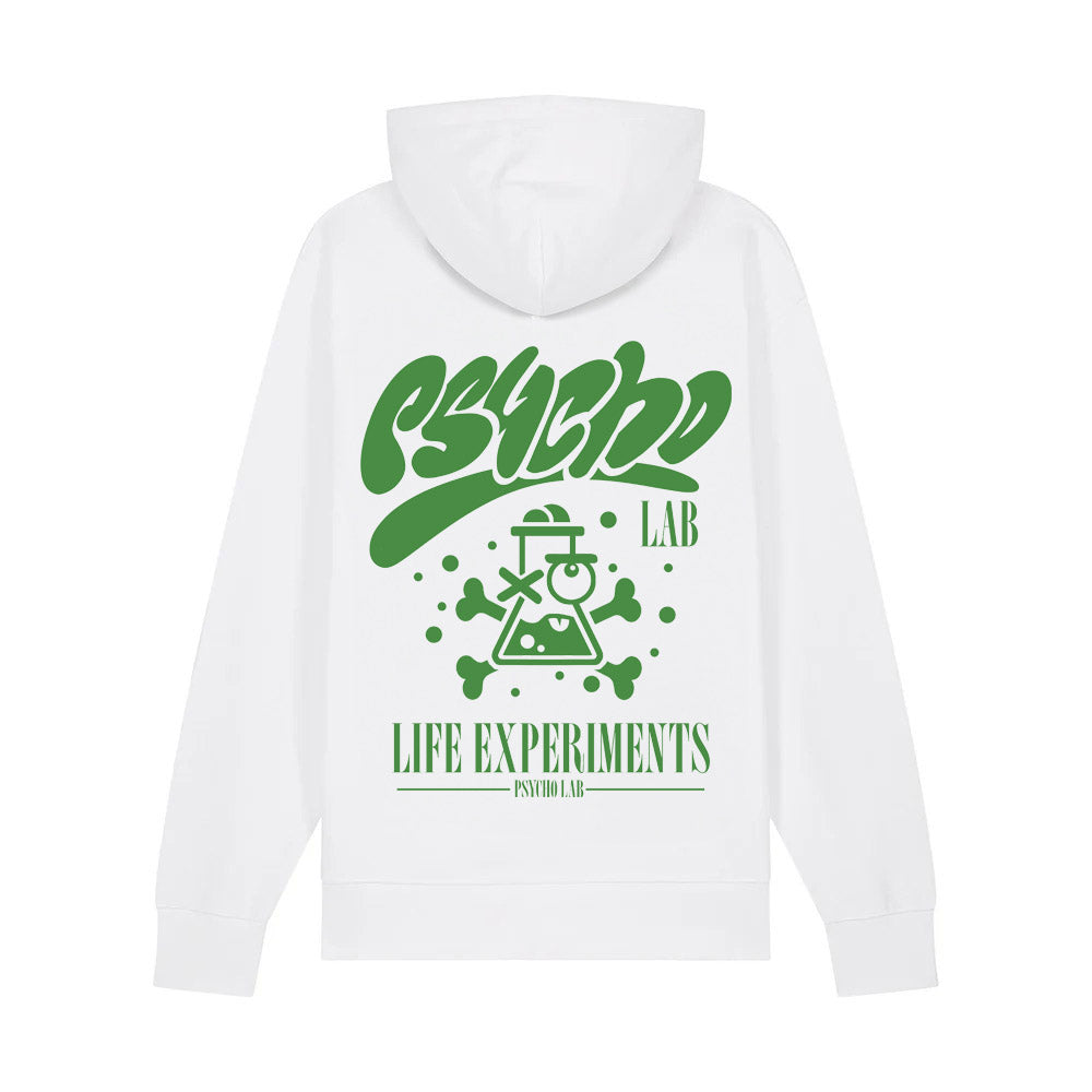Der Hoodie Freak White von PsychoLab präsentiert sich in strahlendem Weiß mit einem auffälligen grünen Design, das 'LIFE EXPERIMENTS' verkündet, eine tolle Wahl für alle, die ihre Einzigartigkeit feiern.