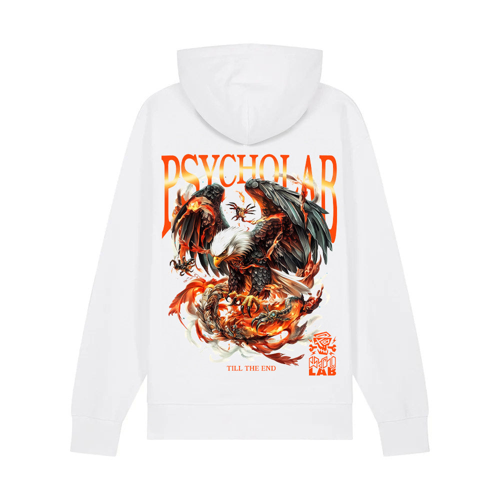 Detaillierte Ansicht des Hoodie Eagle White von PsychoLab, zeigt das auffällige Adler-Motiv auf der Rückseite, ideal für Streetwear-Liebhaber.