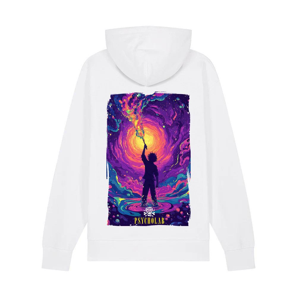 Hoodie Painting Sky White von PsychoLab mit kreativen, bunten Kunstmotiven, die einen fantasievollen Himmel darstellen.