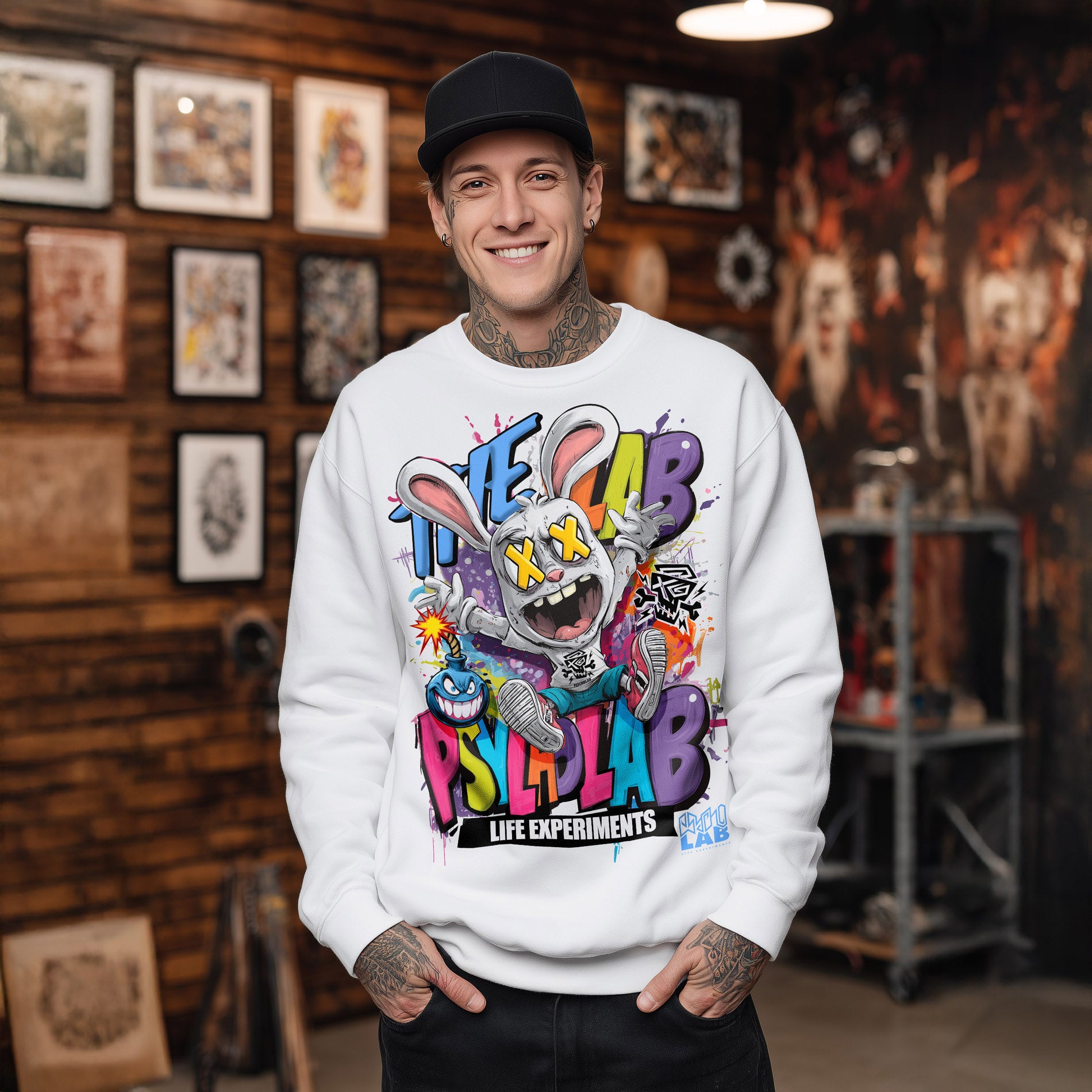 Rabbit Toon Sweatshirt – Weißes Graffiti-Statement aus Bio-Baumwolle