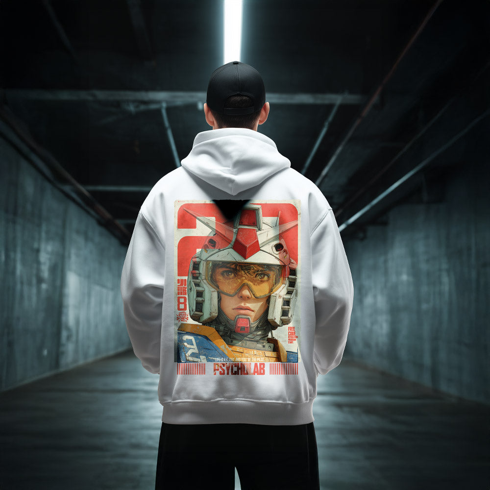 Pilot Hoodie White – Anime Streetwear mit Mecha-Vibe